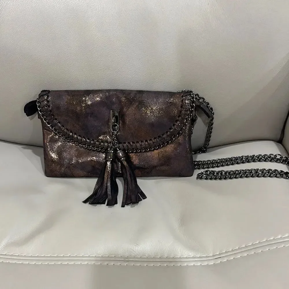 Sondra Roberts Squared Metallic Vegan Leather with Chain Crossbody